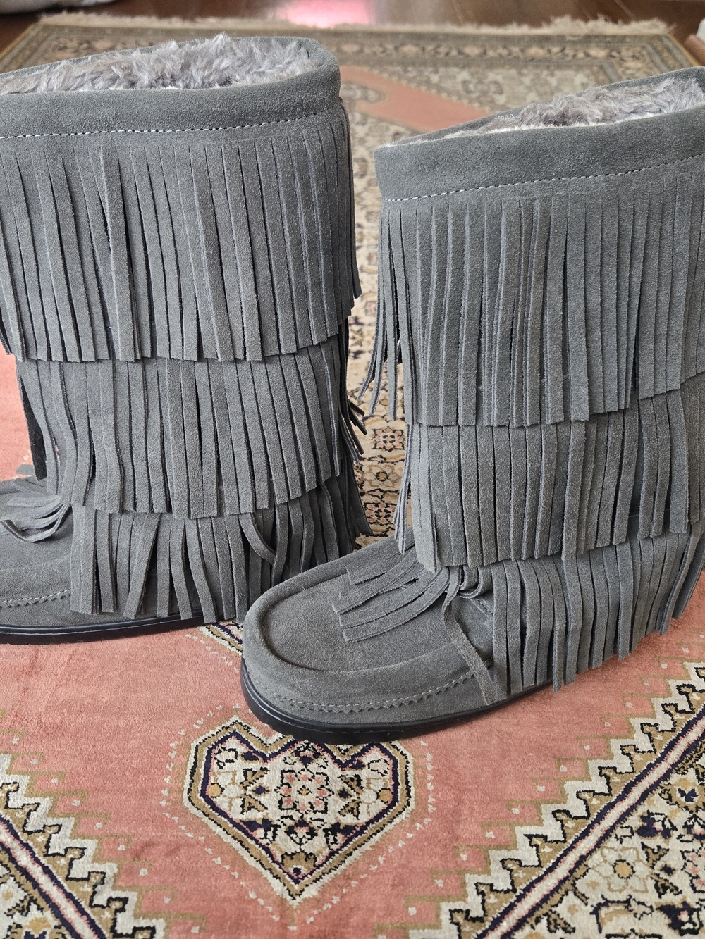 Fringed Suede Moccasin Boots in Grey